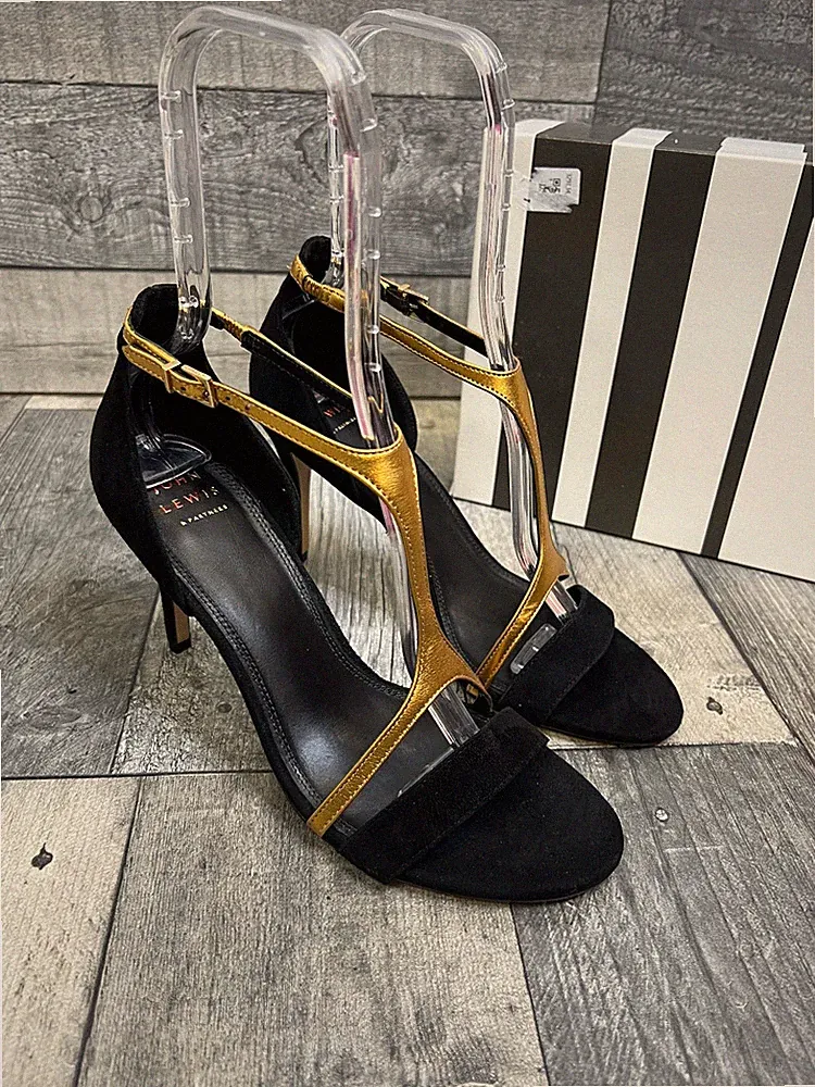 John Lewis Maryland Sandalen Absatz Größe UK 8 Gold Schwarz Riemchen Leder Party