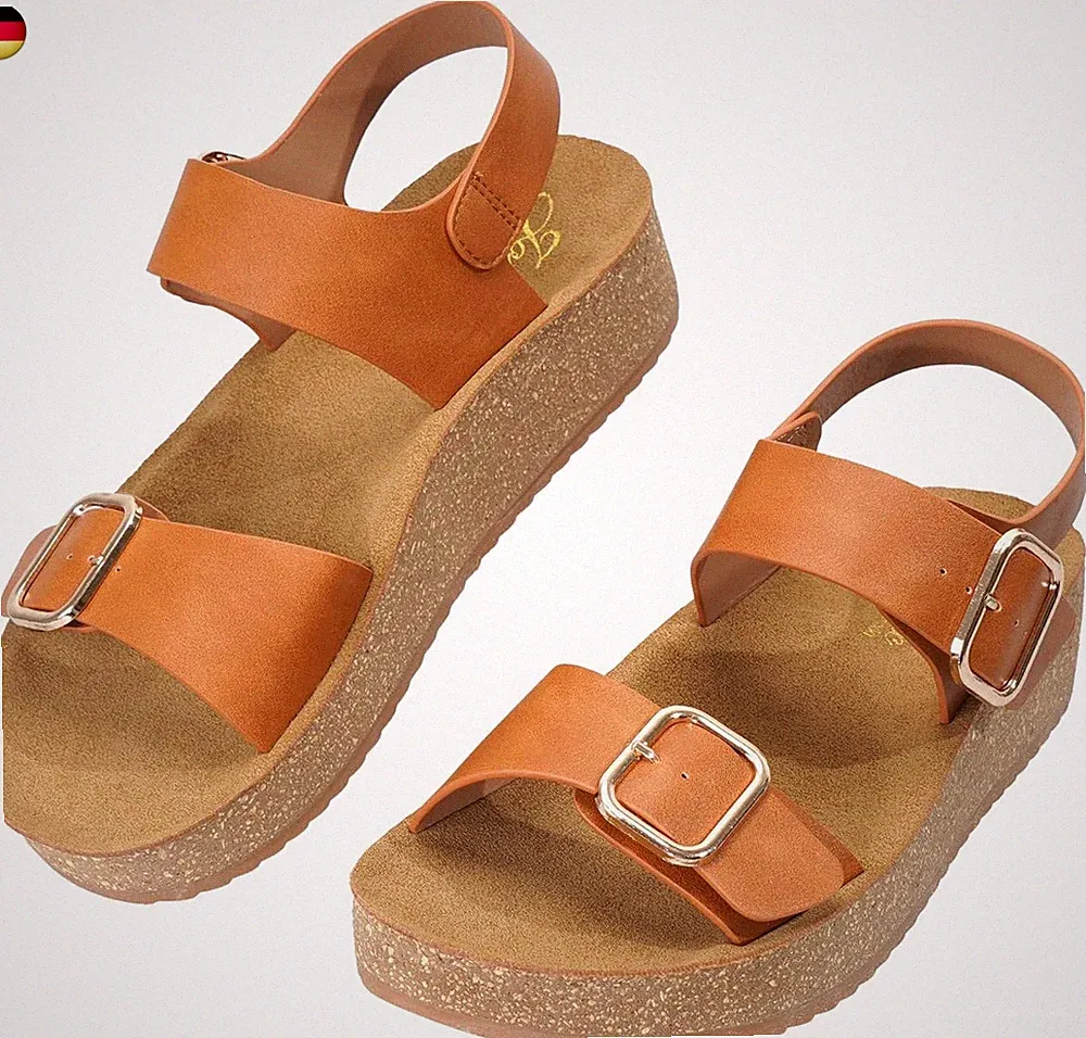 JOMIX Sandalen Damen mit Doppelter Schnalle Keilsandalen Korksohle und Riemen