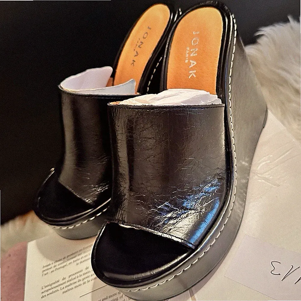 Jonak Damen Sandalen Pantoletten Leder Schwarz Keilabsatz hoch Slip-On EU 37