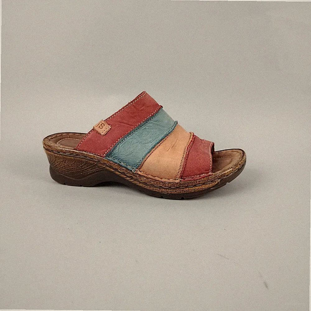 Josef Seibel Sandalen Damen Größe 4 Rot Blau Leder Pantoletten Absatz Slipper Komfort
