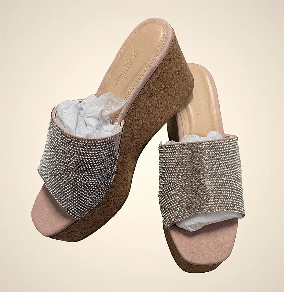 JustFab Delia Plateausandalen Damen Rosa 37 Wedge Glitzer Slip-On Neu mit Karton