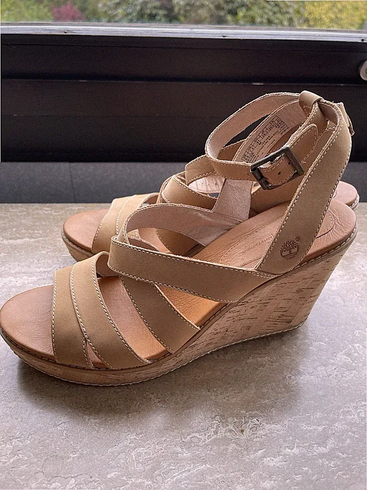 Keil-Sandaletten KorkAbsatz Natur-Leder Beige Sehr Bequem 2x getragen Timbaland