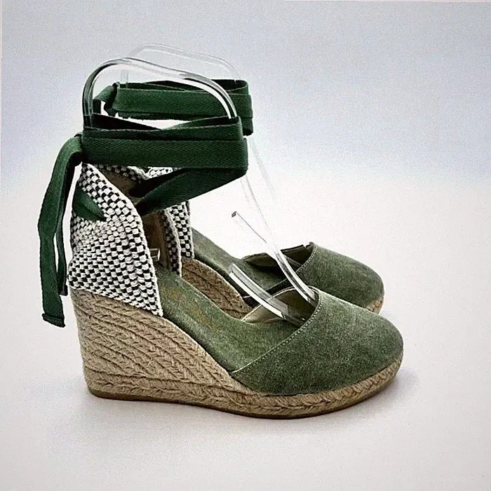 Keilabsatz Espadrilles aus grünem Canvas, Knöchelschnürung, H 9cm Art Colin Stone Wash