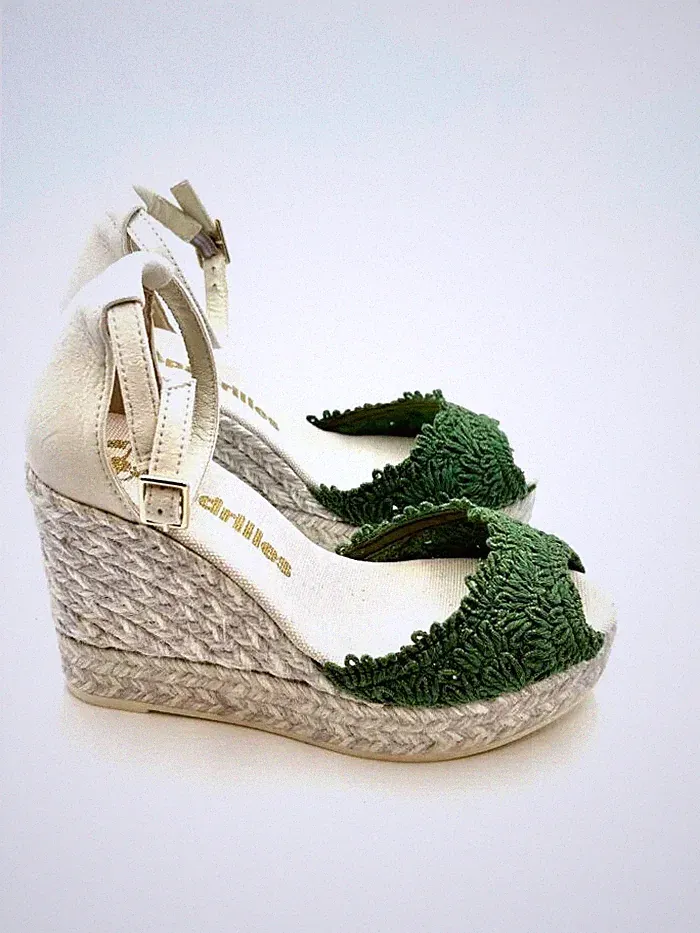 Keilabsatz Espadrilles Makramee Grün, Gürtel am Knöchel, H 10cm, Art. Anda Makramee