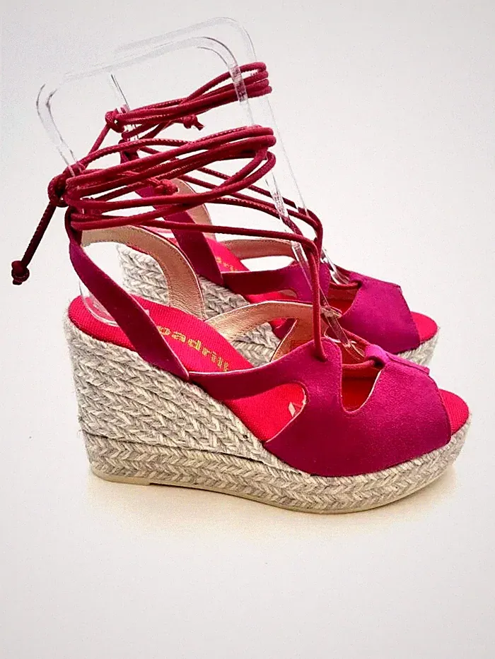 Keilabsatz Espadrilles Wildleder Fuchsia, Knöchelschnürung, H 10cm Art Allen Türen