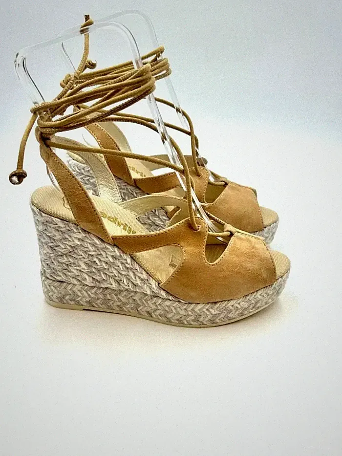 Keilabsatz Espadrilles Wildleder Kamel, Knöchelschnürsenkel, H 10 cm Art Allen Türen