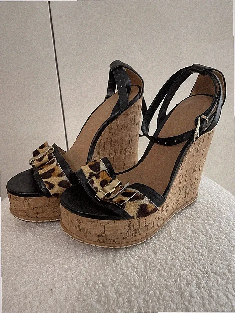 Keilabsatz Heels Leomuster Kork Plateau Schuhe Absatz Gr.36 Y2K