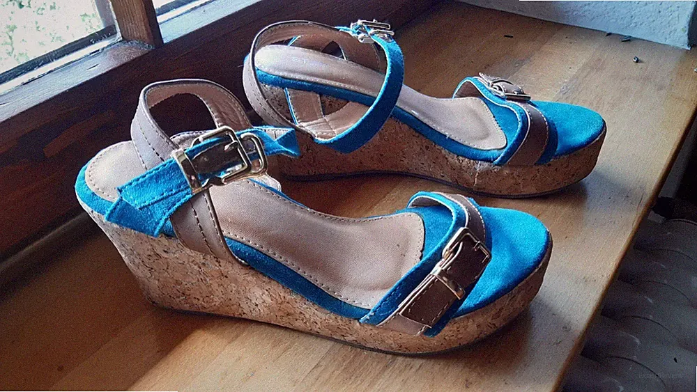 Keilabsatz Kork Sandaletten Pumps Damen Schuhe Glitzer Blau Braun 38