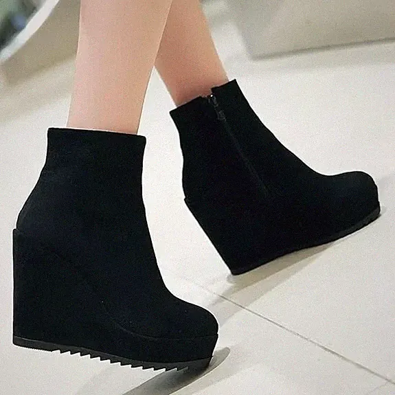 Keilabsatz Plateau Stiefeletten High Heels Reißverschluss Ankle Boots schuhe