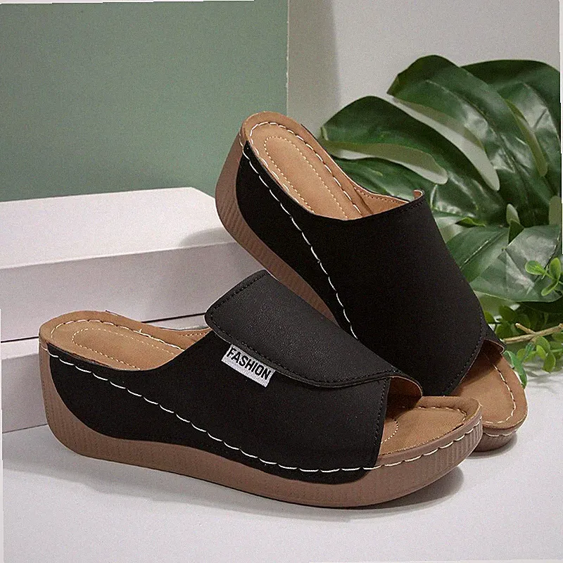 Keilabsatz Sandaletten für Damen, Sommerschuhe Pantoletten Slipper