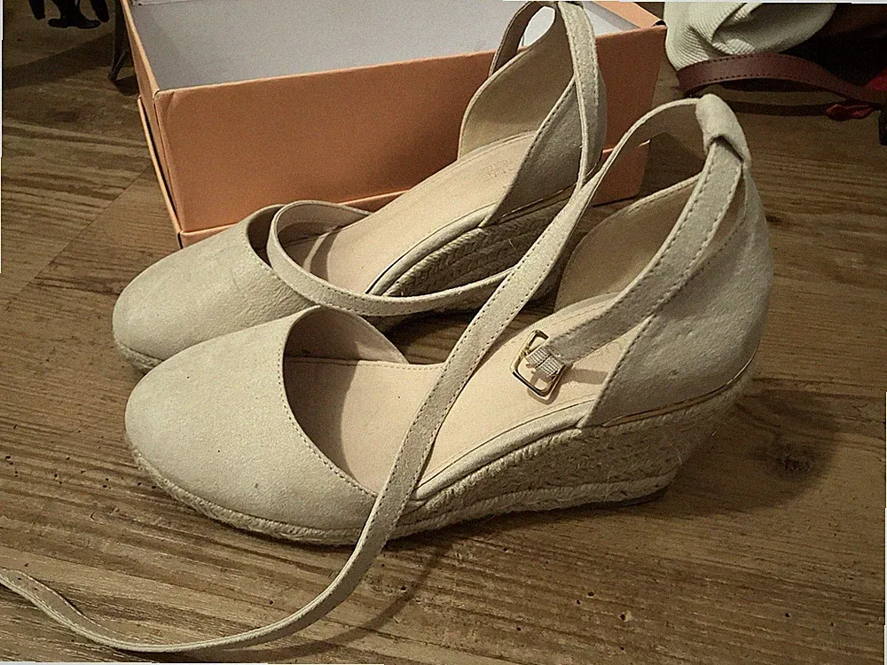 Keilschuhe Gr 38, Riemchenschuhe mit Keilabsatz, rose, beige