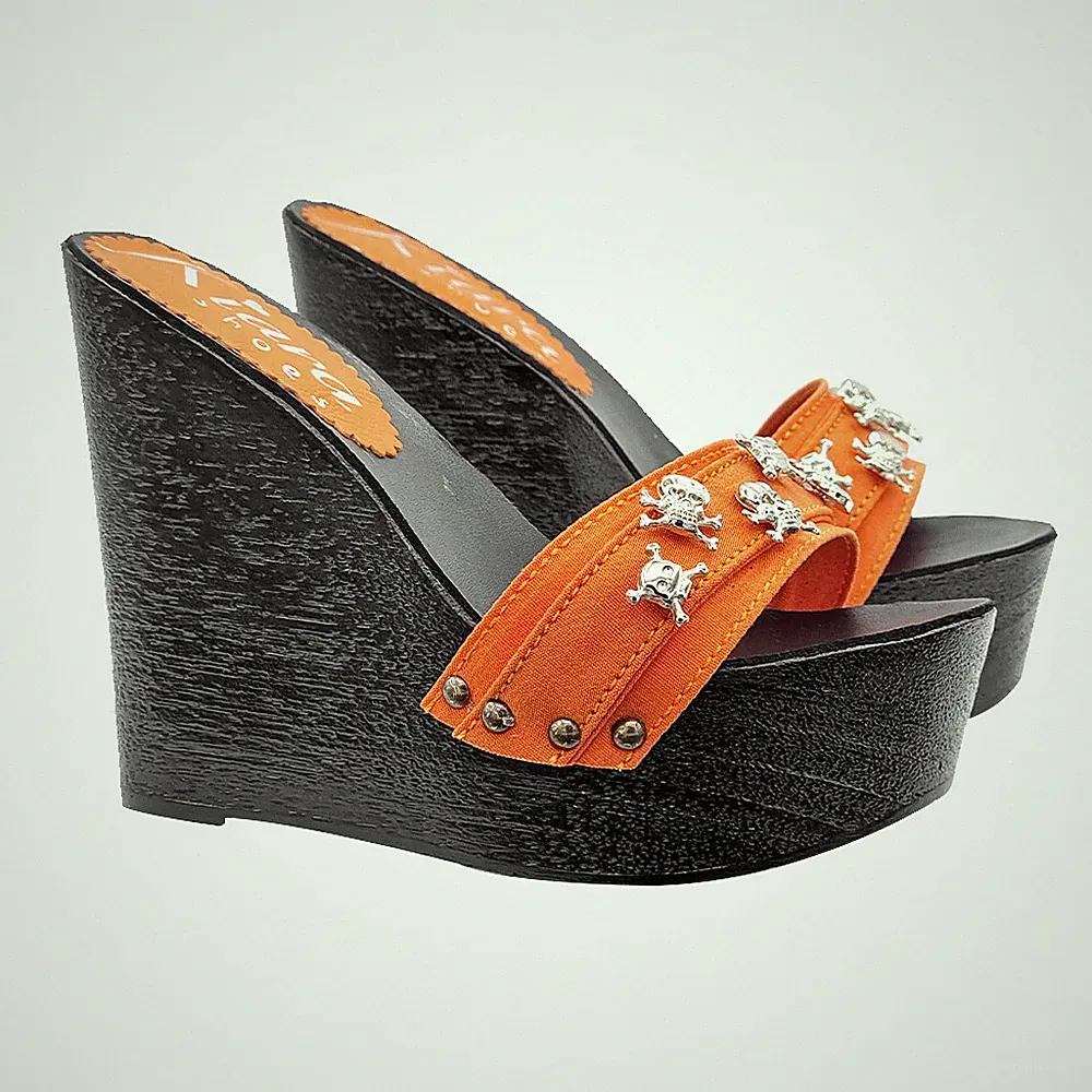 KIARA SHOES KZH35 ARANCIO Schwarzer Keilabsatz Sandale orange Tacco 13