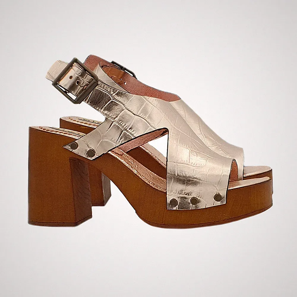 KIARA SHOES MY188 COCCO ORO Damen Sandale Plateau Keil Leder Gold 9 cm