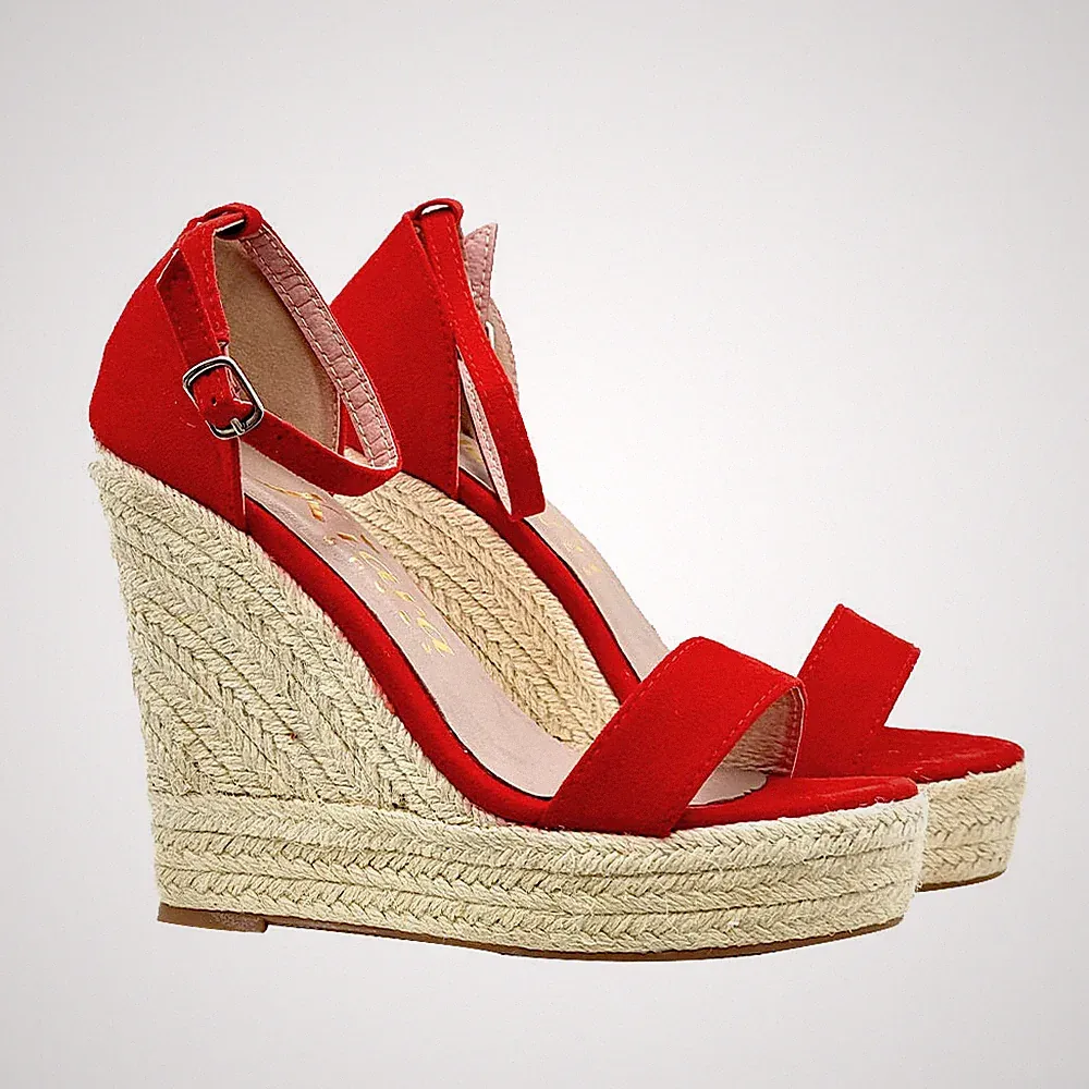 Kiara Shoes Sandalen Rot Keilabsatz Kordel K 12 cm Knöchelriemen - KCZ23 ROSSO