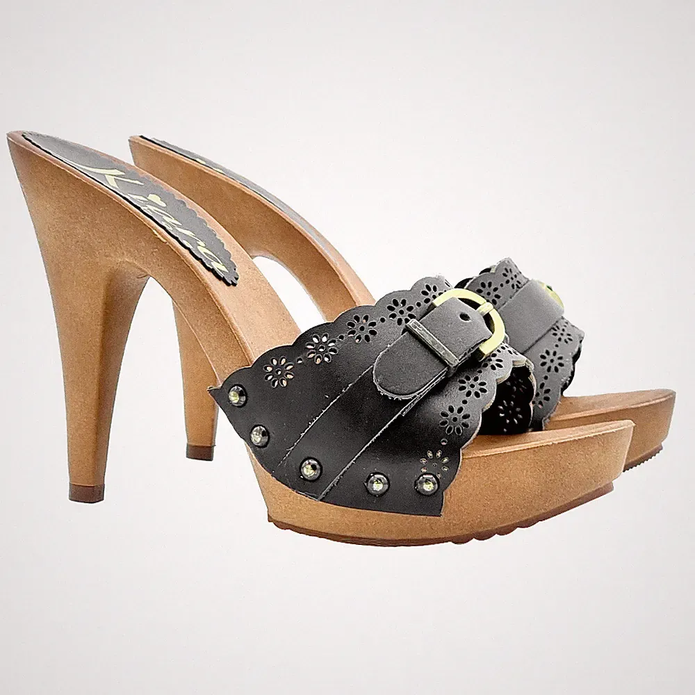 KIARA SHOES Zoccoli Schwarz Glattleder Laserband Schnalle Keilabsatz 11 cm