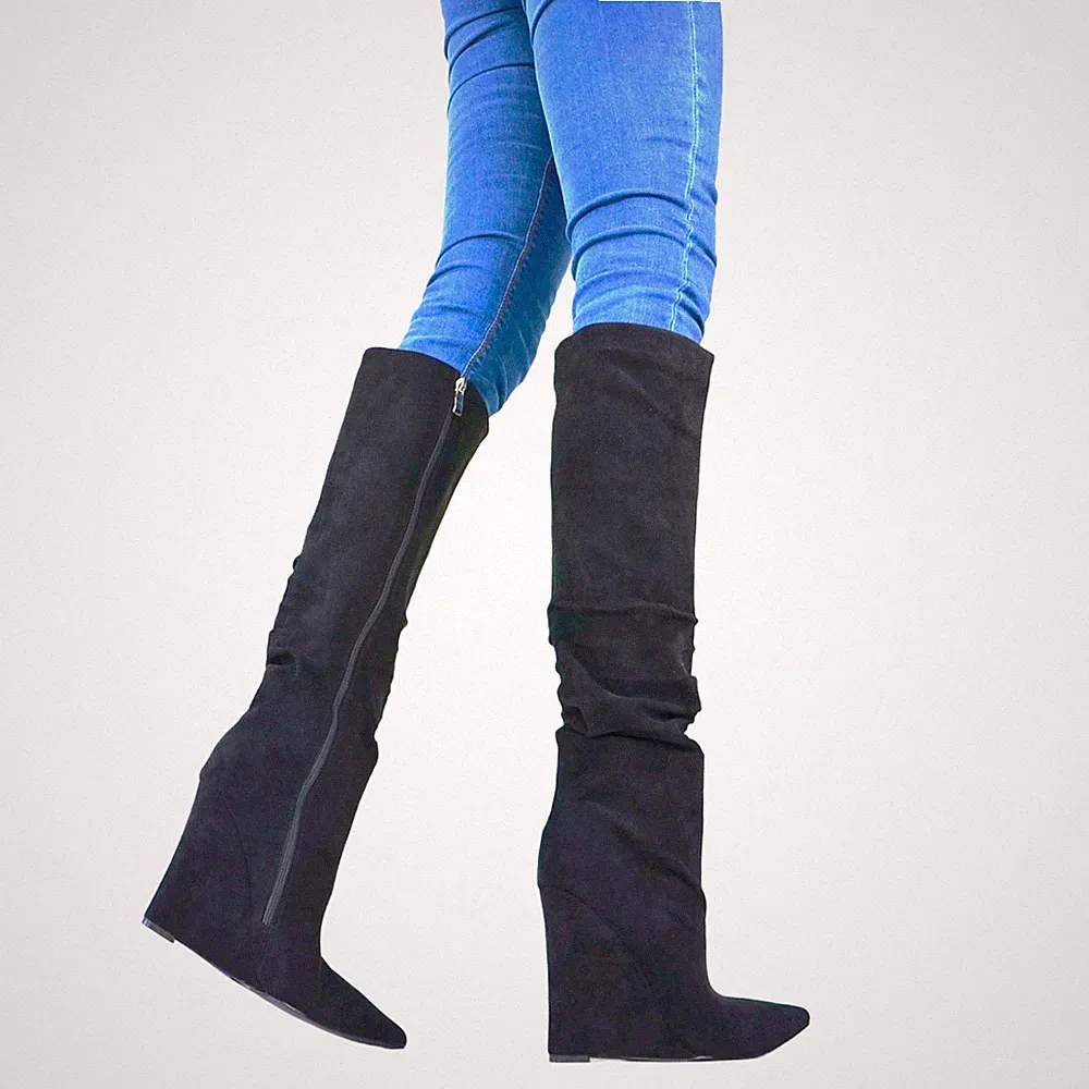 KNIEHOHE STIEFEL DESIGNER DAMENSCHUHE KEILABSATZ ELEGANT STILETTO HIGH HEELS