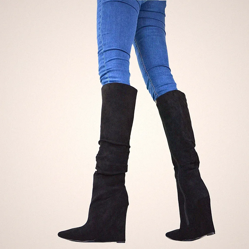 KNIEHOHE STIEFEL DESIGNER ELEGANT DAMENSCHUHE KEILABSATZ STILETTO HIGH HEELS