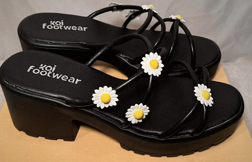Koi Vegan Daisy Oasis UK 10 / 43 Schwarz Kunstleder Plateau Slipper Sandalen