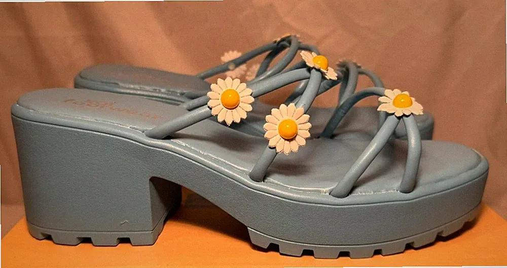 Koi Vegan Daisy Oasis UK 11 / 44 Blau Kunstleder Plateau Slipper Sandalen