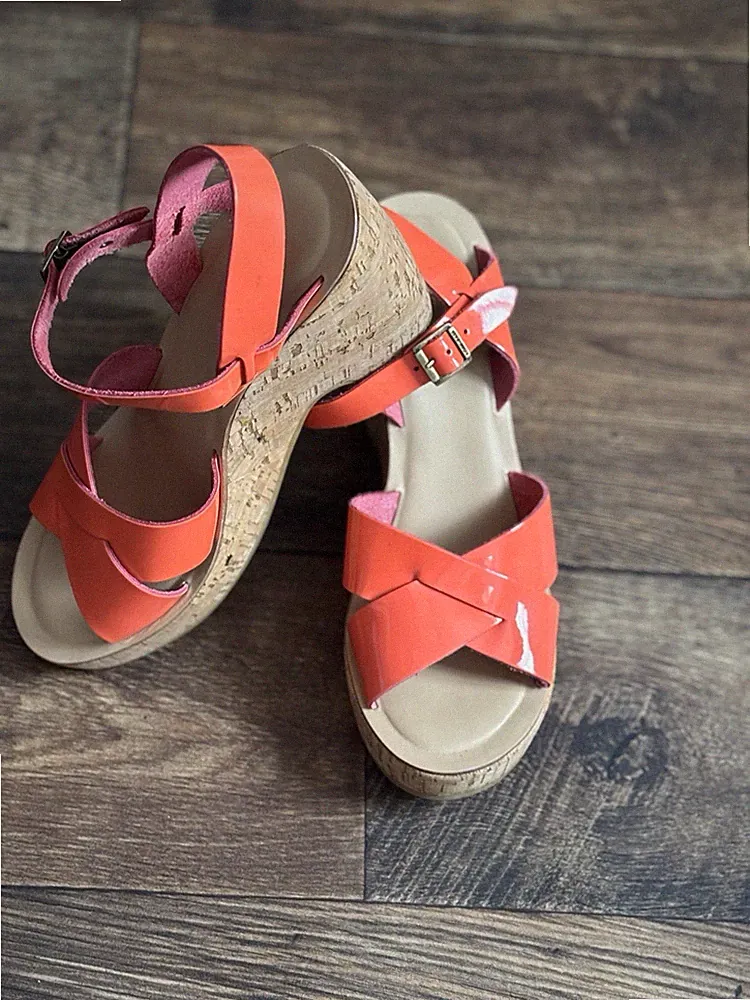 Kork Ease Rhiannon orange Naturleder handgefertigte Korkabsatz Sandalen Größe 8,5