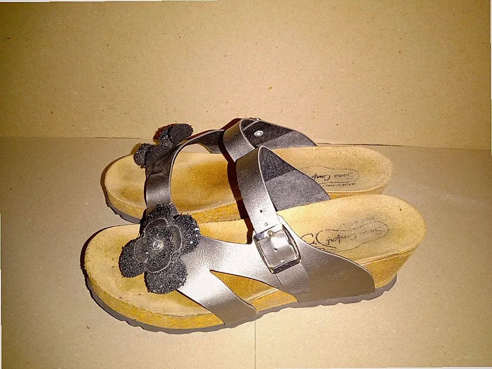 KORK FLIP FLOPS MIT KEILABSATZ DAMEN - SILBERFARBEN - NR. 39 - GEBRAUCHT