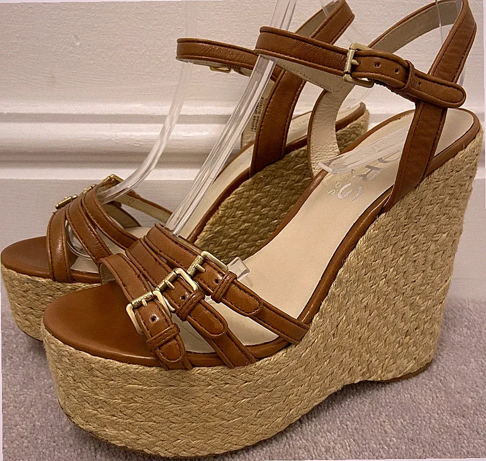 Kors Michael Kors hellbraune Leder-Plateausandalen offene Zehenpartie Jute Keilabsatz Schuhe 5,5