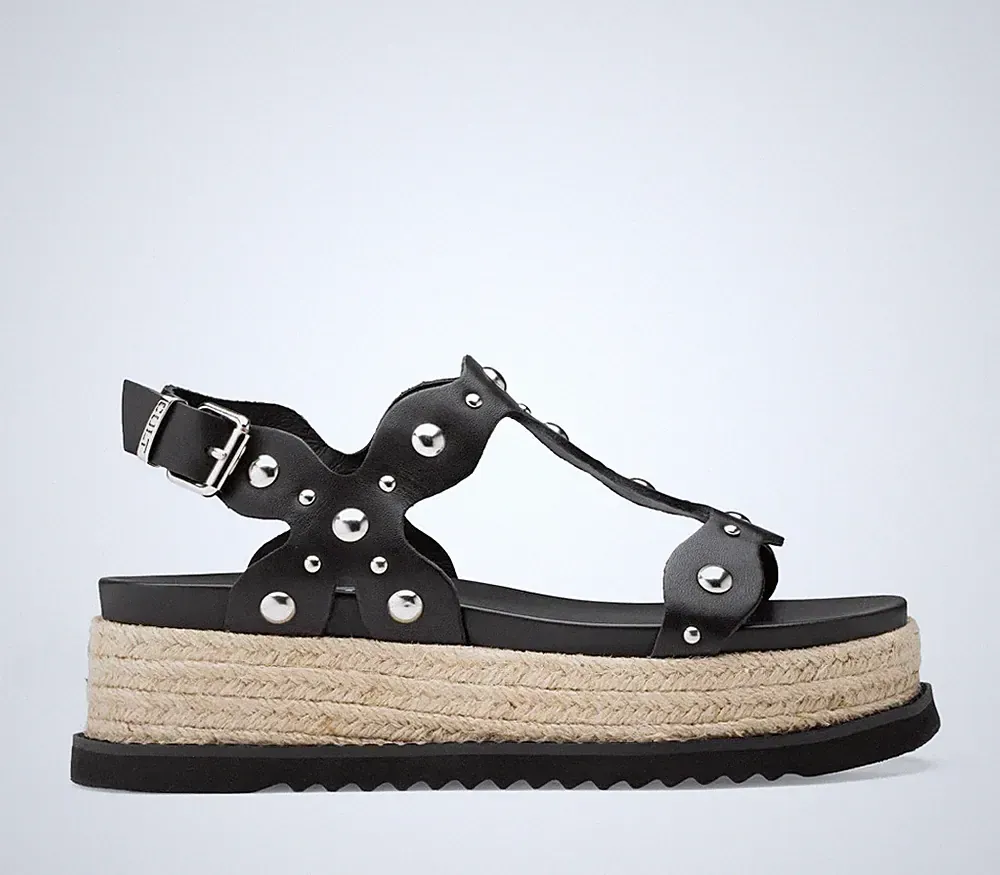KULT - DAMEN SANDALE KEILABSATZ KORDEL AUS SCHWARZEM LEDER UND NIETEN - DOJA 4736