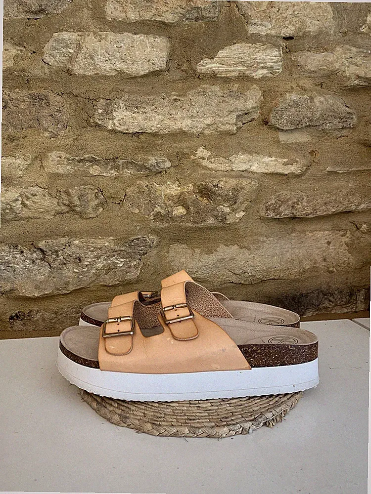 Kurt Geiger Double Strap Plateau Sandalen Pantoletten Größe UK 7 EU 40 Peach White