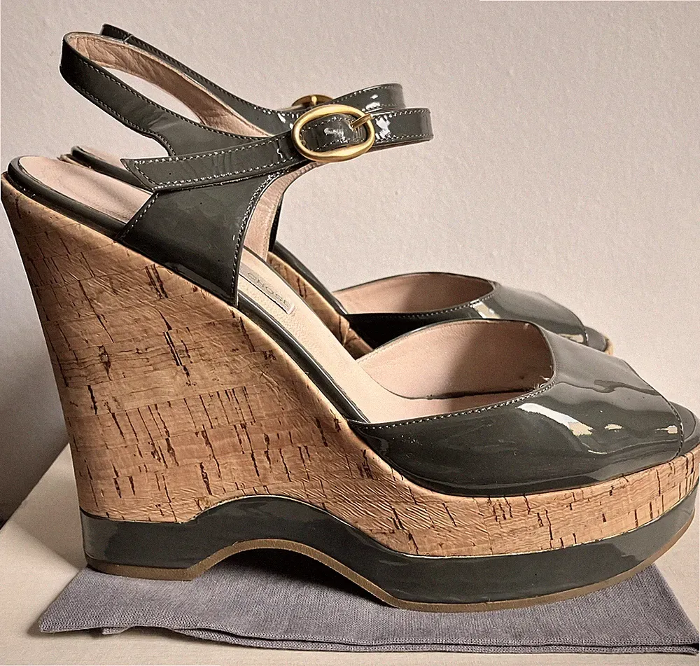 L 'AUTRE CHOSE Plateau Wedge Sandalen - Kork - Grau/Grün - Gr. 40 - wie neu