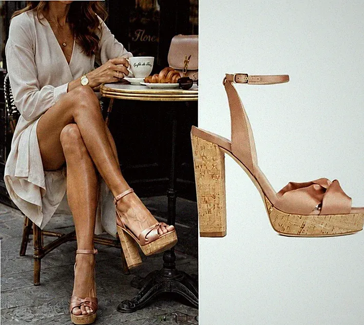 L.K.Bennett 425 $ "Anabelle" Kork Gold Plateau Rose Satin Sandale Gr. 7 Neu