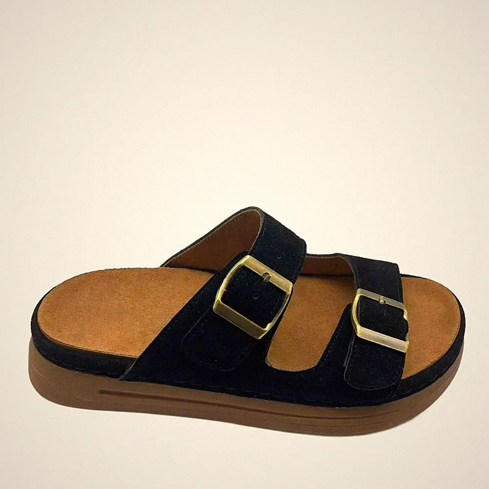 La Conte Damen Schwarze Wildleder Keilabsatz Pantoletten Peeptoe Freizeit