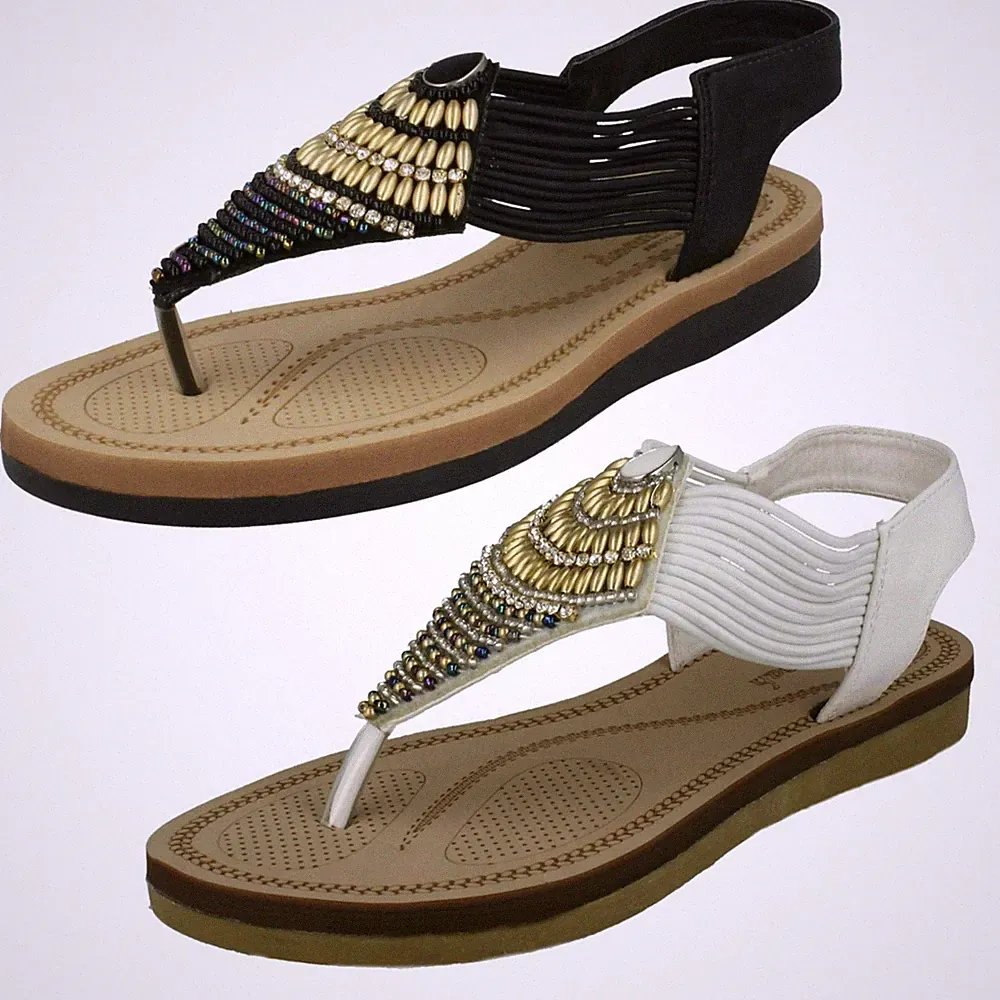 Ladies Savannah Low Wedge Bead Sandalen Mit Zehenriemen Ankle Straps
