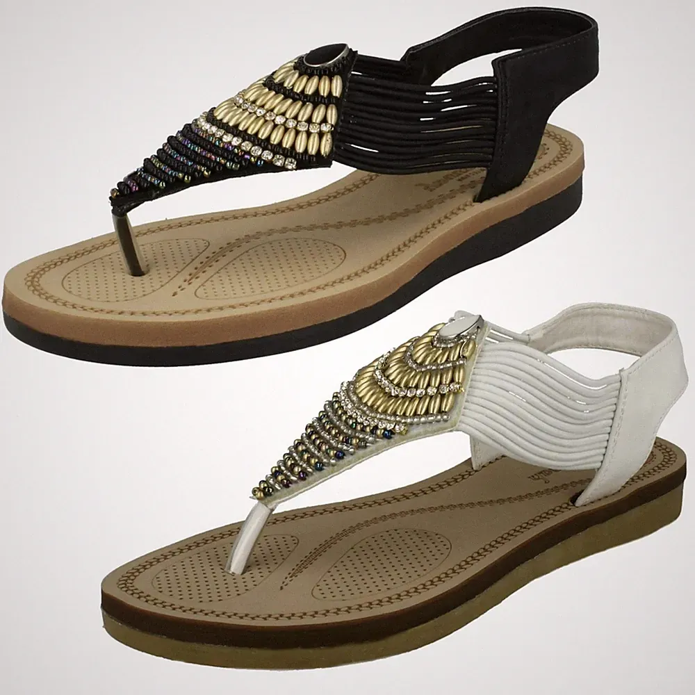 Ladies Savannah Low Wedge Bead Sandalen Mit Zehenriemen Ankle Straps