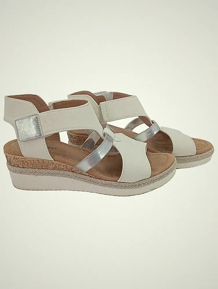 LADY GLORY Plateausandalen Damen Gr. 38 Weiß Silber Riemchen Keilabsatz