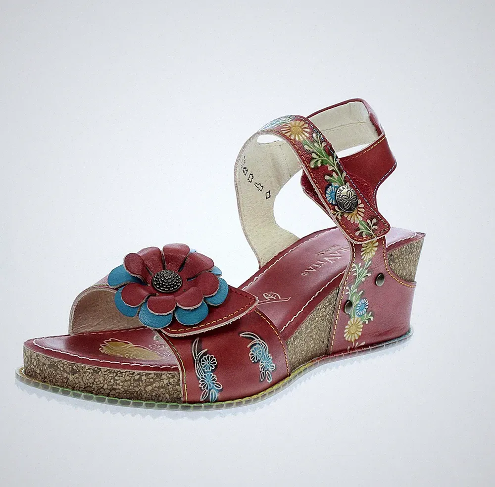 Laura Vita Bonito 03 - Leder Sandalen mit rotem Keilabsatz - Größe 38 [23,8 cm]