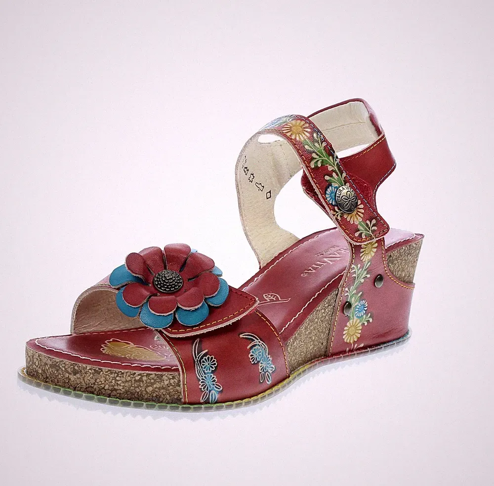 Laura Vita Bonito 03 - Leder Sandalen mit rotem Keilabsatz - Größe 38 [23,8 cm]