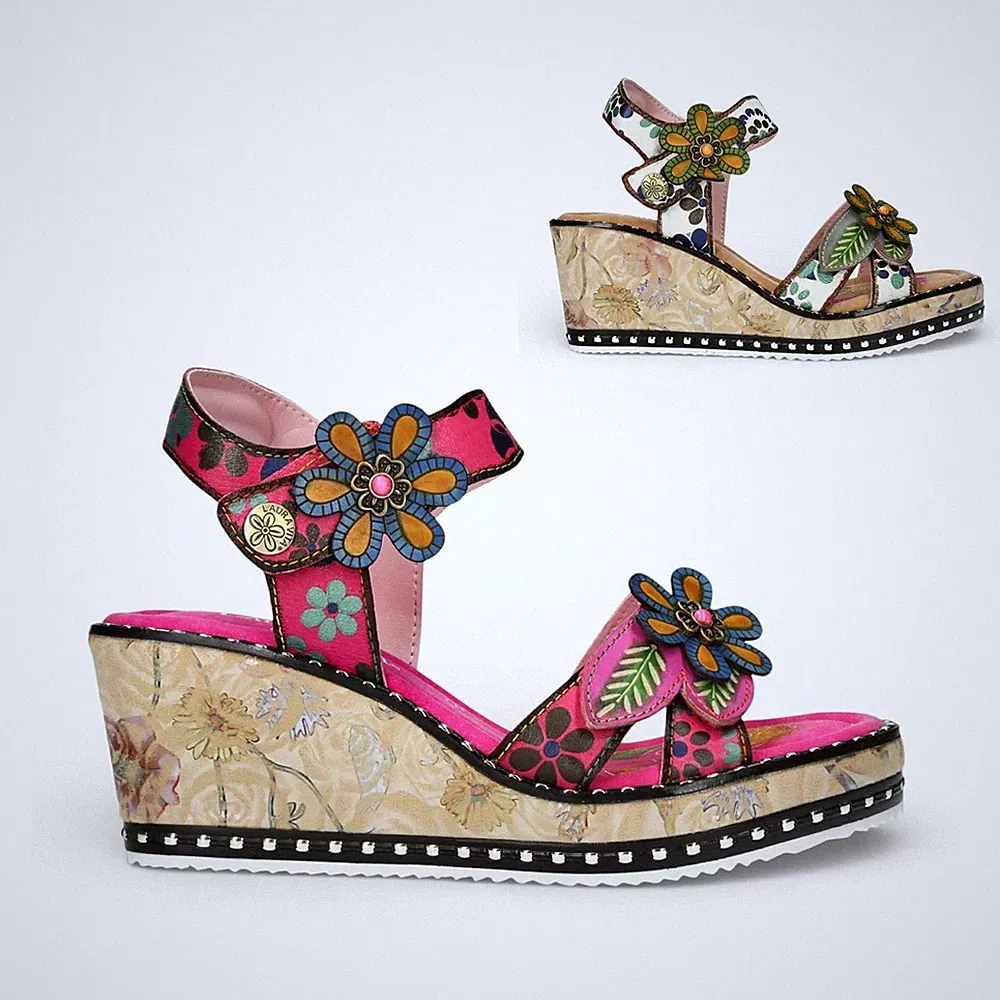 Laura Vita Damen Ballon 08 Florale Leder Keilabsatz Espadrille Alltag Sandalen