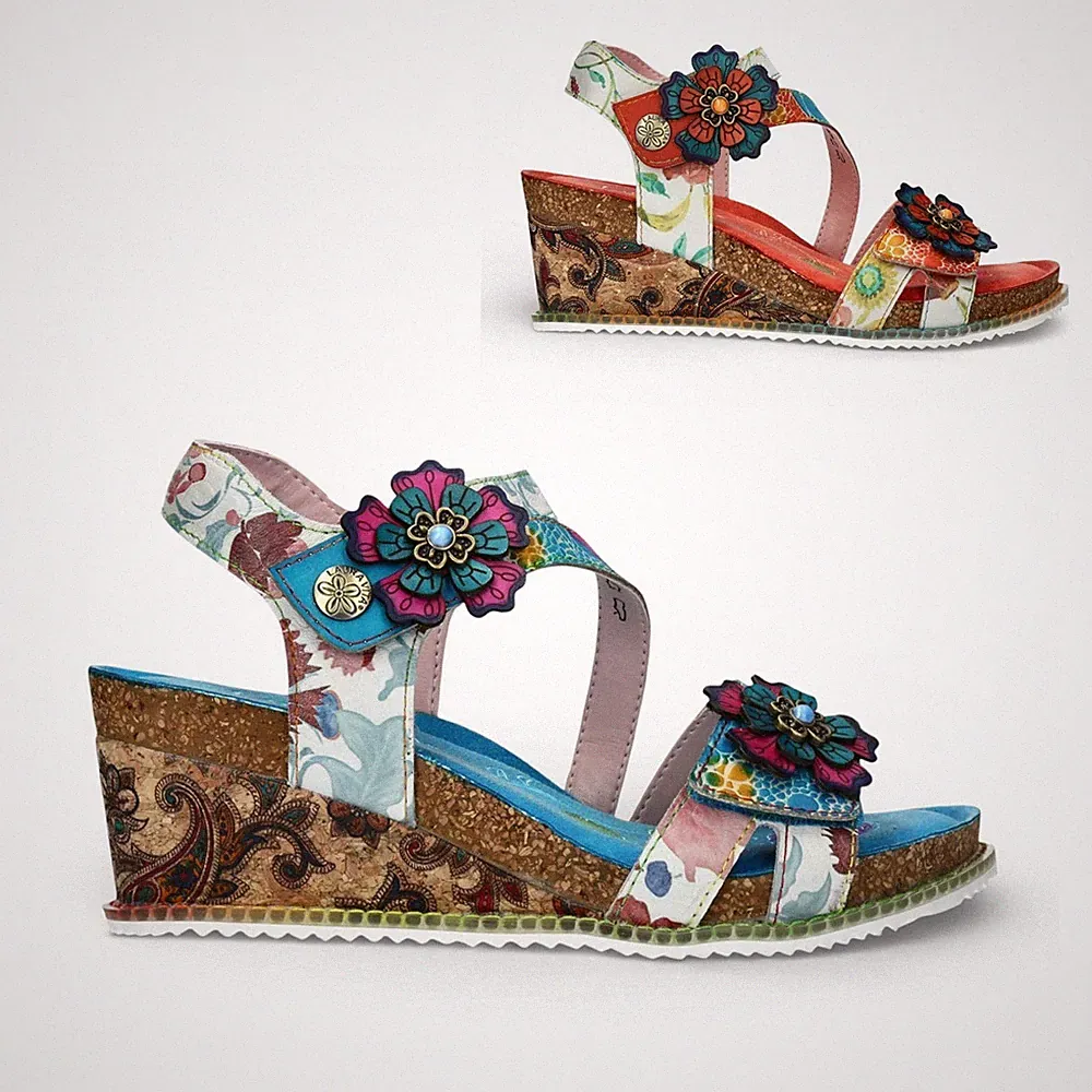 Laura Vita Damen Bonito Floral Ledersandalen Keilabsatz Espadrille 6 cm