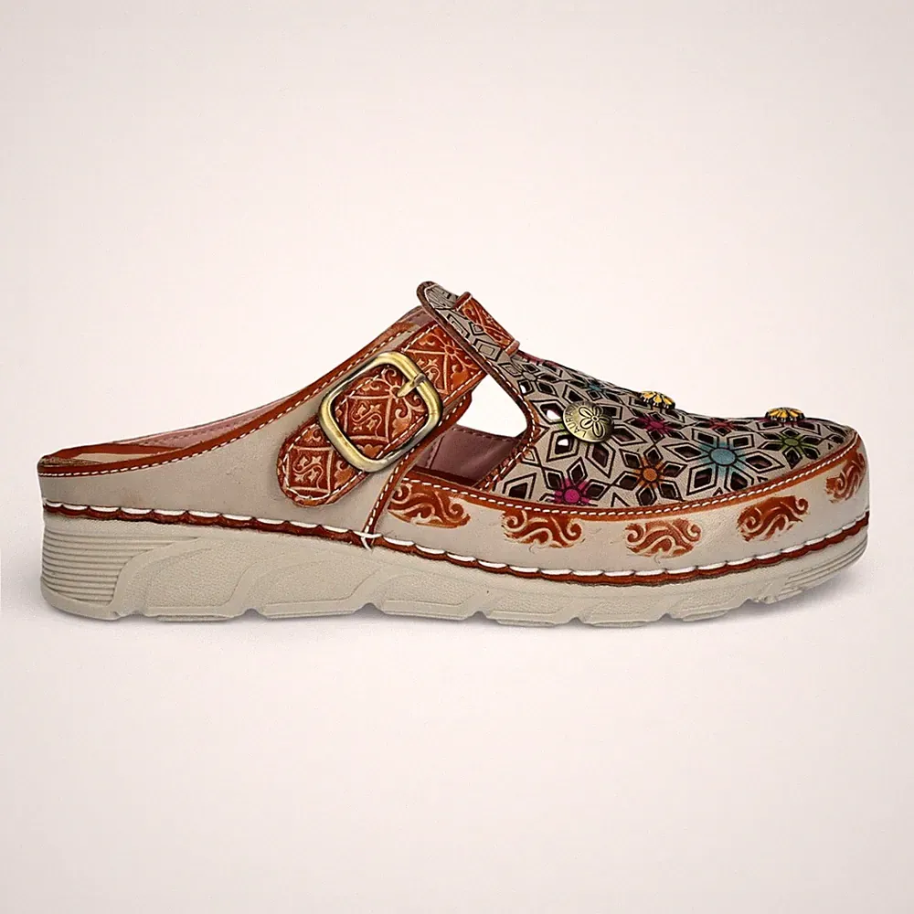 Laura Vita Damen Dorry 01 Florale Leder Slipper Mit Keilabsatz Komfort Sandalen