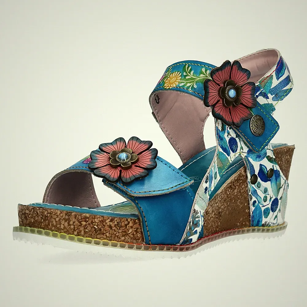 Laura Vita Damen Sandalette Boho mit Blumenmuster und Keilabsatz Bonito 38