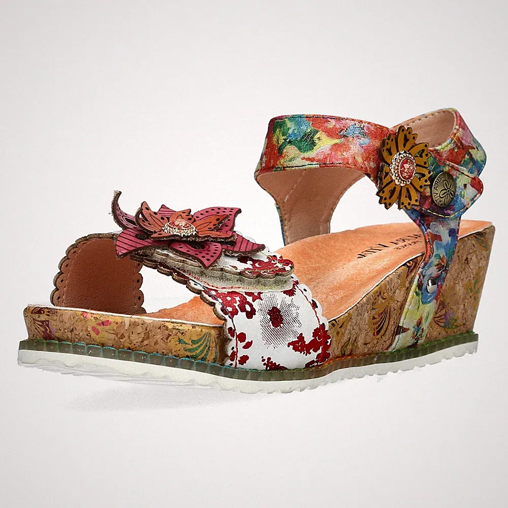 Laura Vita Damen Sandalette Leder Blüten Keilabsatz in Korkoptik Beclindao 26