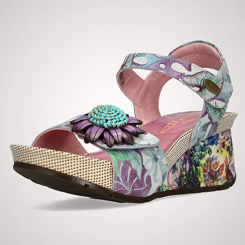 Laura Vita Damen Sandalette Leder mit Blumenmuster und Keilabsatz Barry 36