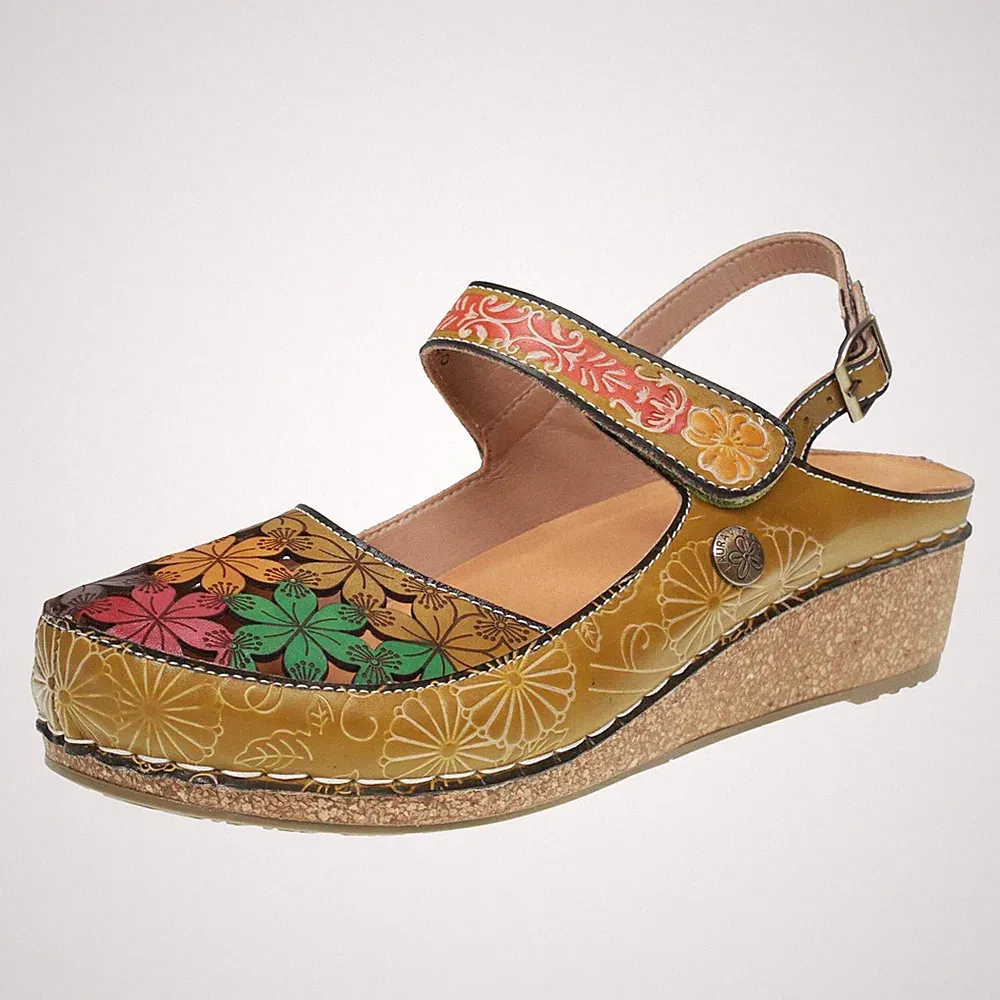 Laura Vita Facscineo - Leder Sandalen mit grünem Keilabsatz - Größe 39 [24,5 cm]