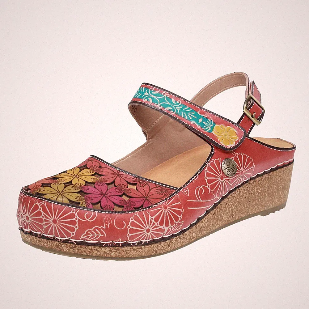 Laura Vita Facscineo - Leder Sandalen mit rotem Keilabsatz - Größe 37 [23,1 cm]