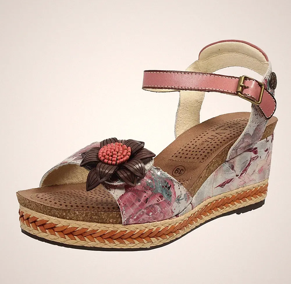 Laura Vita Facyo 06 - Leder Sandalen mit rosa Keilabsatz - Damen Schuhe Sandalen