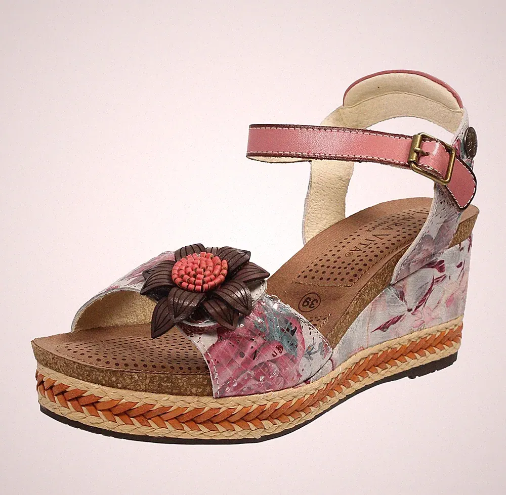Laura Vita Facyo 06 - Leder Sandalen mit rosa Keilabsatz - Größe 39 [24,5 cm] Damen