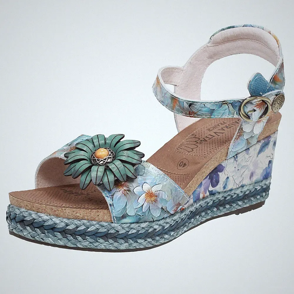 Laura Vita Leder gemusterte Sandalen mit blauem Keilabsatz - Größe 40 [25,1 cm]