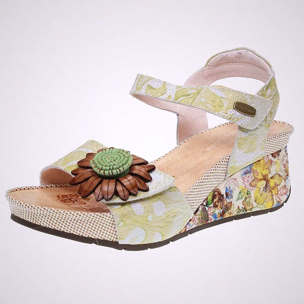 Laura Vita Leder gemusterte Sandalen mit gelbem Keilabsatz - Größe 37 [23,1 cm] Damen