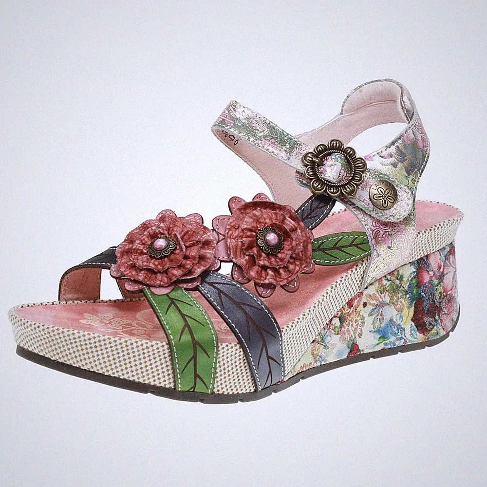 Laura Vita Leder gemusterte Sandalen mit rosa Keilabsatz - Damen Schuhe Sandalen