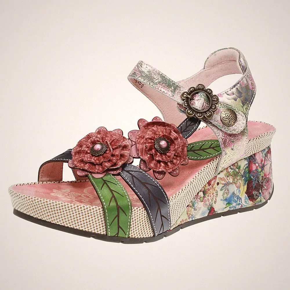 Laura Vita Leder gemusterte Sandalen mit rosa Keilabsatz - Größe 39 [24,5 cm] Schuhe